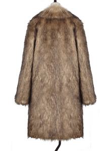 Detailed view of plush brown faux fox fur coat texture and lapel collar design