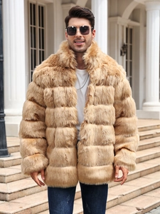Detail of camel faux fur jacket for men with horizontal stripe plush texture and stand collar