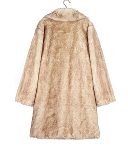 Back view of men's beige faux fox fur long coat with thick texture on white background