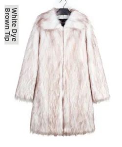 Detailed view of long faux fur coat texture in white with brown coffee-tipped dyeing