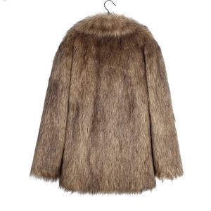 Detailed texture of thick dark brown faux fur fabric on a men's winter lapel jacket