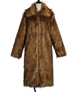 Detail shot of brown long faux fur coat featuring plush texture and wide lapels