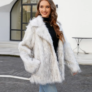 Chic white and gray faux fox fur coat with oversized lapels and long shaggy texture