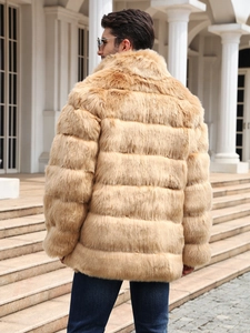 Detailed back view of a men's faux fur coat in camel brown with horizontal stitching detail