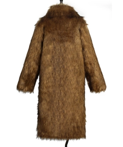 Back view of a long faux fur coat in camel brown featuring thick texture and straight cut