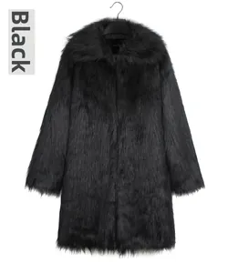 Detail view of black faux fox fur coat featuring a large lapel and thick luxury texture
