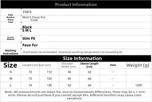 Size chart for men's faux fur zip jacket with measurements for S, M, and L sizes