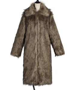 Detail view of the long brown faux fur coat showing thick texture and large collar