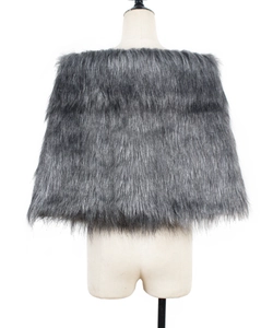 Detailed back view of a plush dark grey faux fur shawl with layered fluffy texture