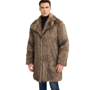 Men's faux fox fur mid-length coat with lapel collar in brown fluffy winter style