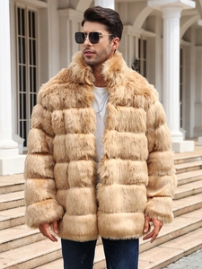 Detailed texture of khaki faux fur coat with horizontal striped plush design for men