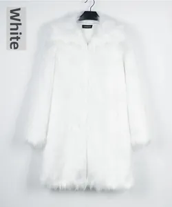 Close-up of white faux fur coat featuring a notch lapel and fluffy long-pile texture