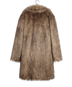 Detailed back view of a faux fox fur coat for men in brown with thick luxury texture