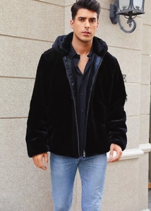 Fashionable men's black faux fur hooded jacket with zipper closure in high-quality finish