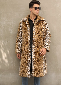 Close-up detail of leopard print faux fur coat with wide notched lapel collar
