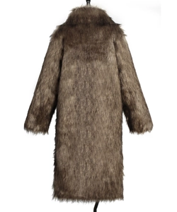 Detail of premium long faux fur coat showing dense brown fibers and thick texture