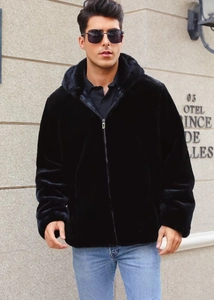 Detail of premium black faux fur hooded jacket for men with full zipper closure
