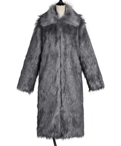 Detail shot of smoke gray faux fur texture and lapel design on this long winter coat