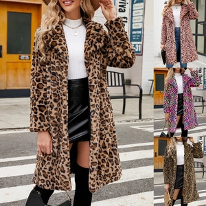 Manteau en Fausse Fourrure Imprimé Léopard pour Femme Mode Revers Manches Longues Veste d'Hiver Chaude Élégante Vêtements de Dessus