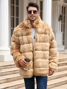 Detail of premium men's faux fur coat featuring horizontal striped stitching and wide lapels
