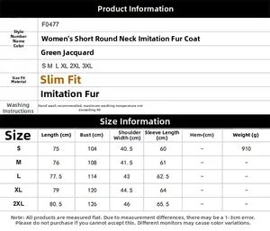 Size chart for green faux fur jacket showing bust, shoulder, and length specs in S-3XL