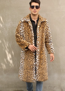 Detailed view of luxury men's leopard print faux fur coat with plush texture and collar