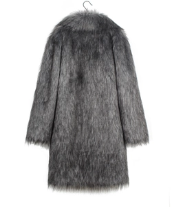 Close-up of plush grey faux fox fur texture on men's winter overcoat with soft fibers