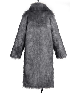 Detail view of the plush back texture on this long faux fur coat in dark grey