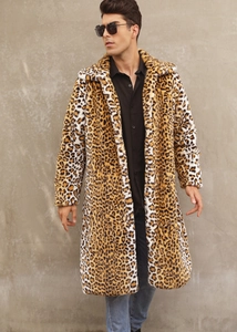 Close-up of the luxurious leopard print faux fur texture on a long men's winter coat