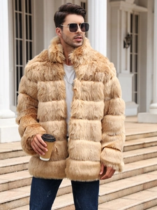 Detail of light camel faux fur coat with horizontal layered stitching for men winter style