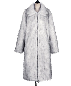 Close-up detail of grey faux fur coat showing thick texture and large square collar