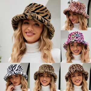Chapeau Bob en Fausse Fourrure pour Femmes Imprimé Animal Léopard Zèbre Épais Chaud Peluche Mode d'Hiver