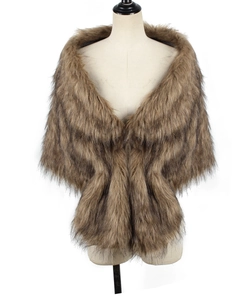 Detailed view of brown faux rabbit fur shawl with plush texture on a white mannequin