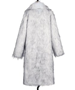 Rear view of a white faux fox fur coat with black tips and thick plush texture