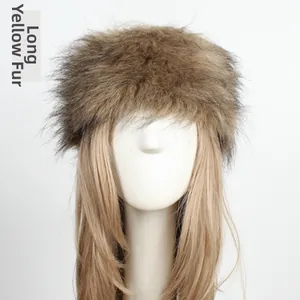 Detailed close-up of high-quality long brown faux fur material on a stylish winter hat