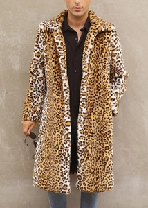 Detail of leopard print faux fur coat for men featuring a classic notched lapel design