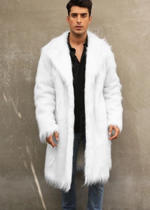 Front view of white faux fox fur coat for men featuring a large lapel and thick long texture
