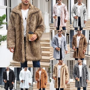 Men's Luxury Faux Fur Coat Winter Thick Warm Turn Down Collar Mid-Long Overcoat Stylish Solid Color Plush Outerwear For Men