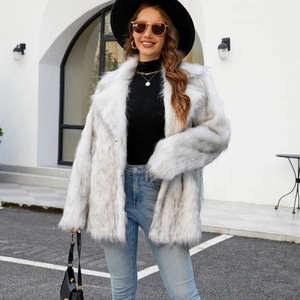 Faux fox fur coat in white and grey blend with a notched lapel for stylish winter outfits