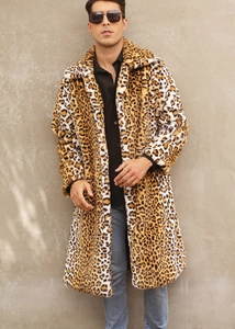 Macro detail of the dense leopard print faux fur texture on this men's winter coat