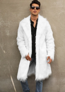 Outdoor shot of men white faux fox fur long coat with large lapel collar style