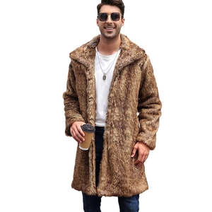 Men's stylish long brown faux fur coat with square collar for casual winter fashion