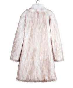 Detail view of pinkish brown faux fox fur coat with soft plush texture on white background