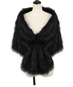 Detail showing plush black faux rabbit fur texture on a thick wrap shawl with V-neck design