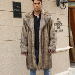Manteau long en fausse fourrure pour homme avec col tailleur en marron mélangé