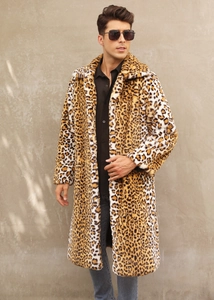 Detailed close-up showing the soft leopard print faux fur texture of this men's coat