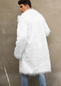 Macro detail of men's white faux fox fur coat showing plush texture and long fiber quality