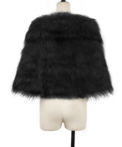Back view of a thick black faux fox fur shawl wrap for winter evening wear