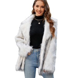 Elegant white faux fox fur coat with grey tips, mid-length notch lapel design for women