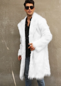 Detailed view of the plush faux fox fur texture on this long white men's coat
